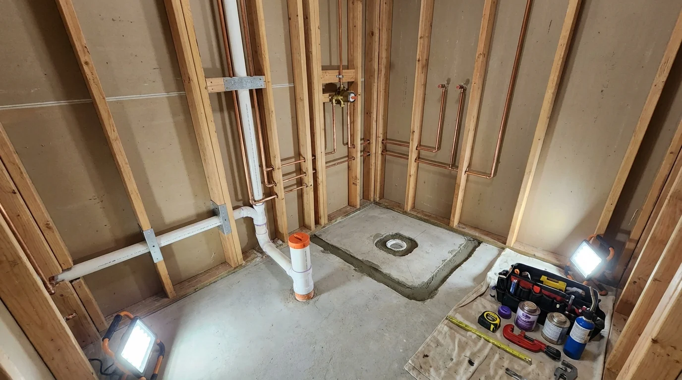 Bathroom rough-in plumbing during remodel by Johns Plumbing LLC in Gallup