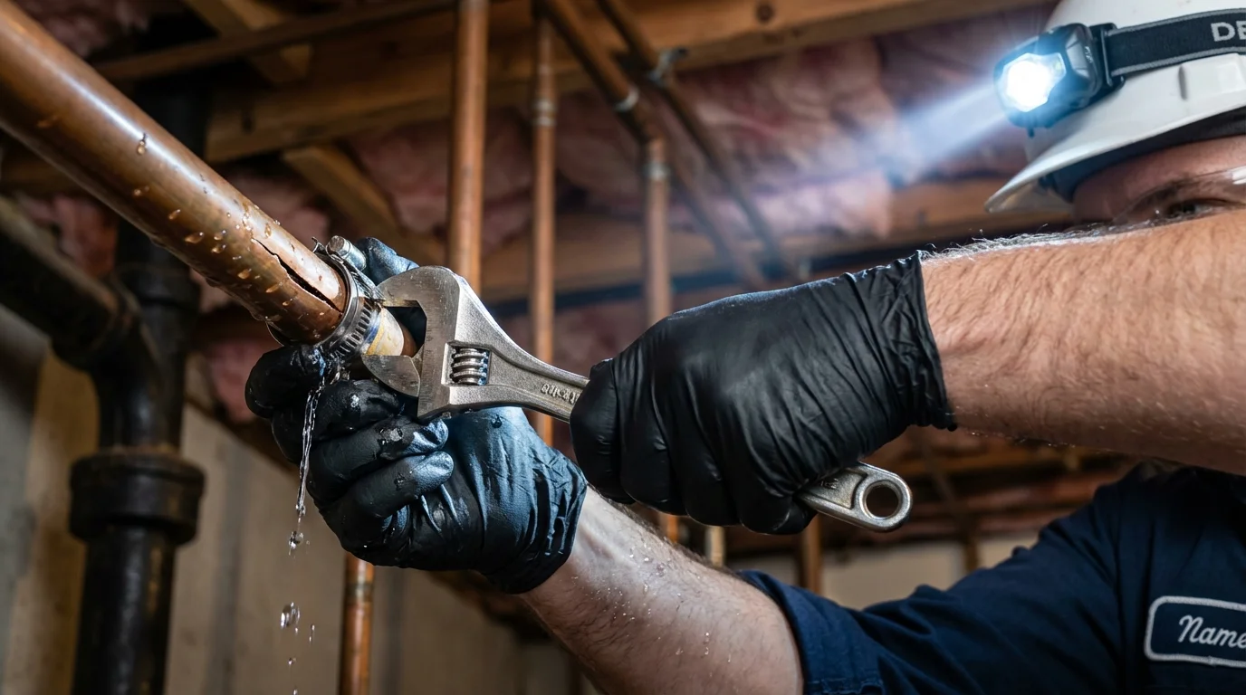 Emergency pipe clamp repair being performed by a Johns Plumbing LLC plumber in Gallup