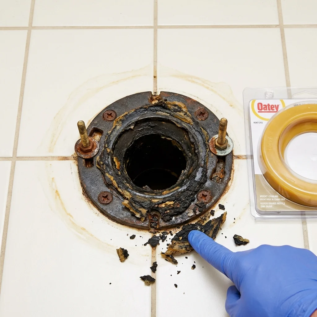 Failed wax ring showing water seepage at the base of a toilet in a Gallup, NM home