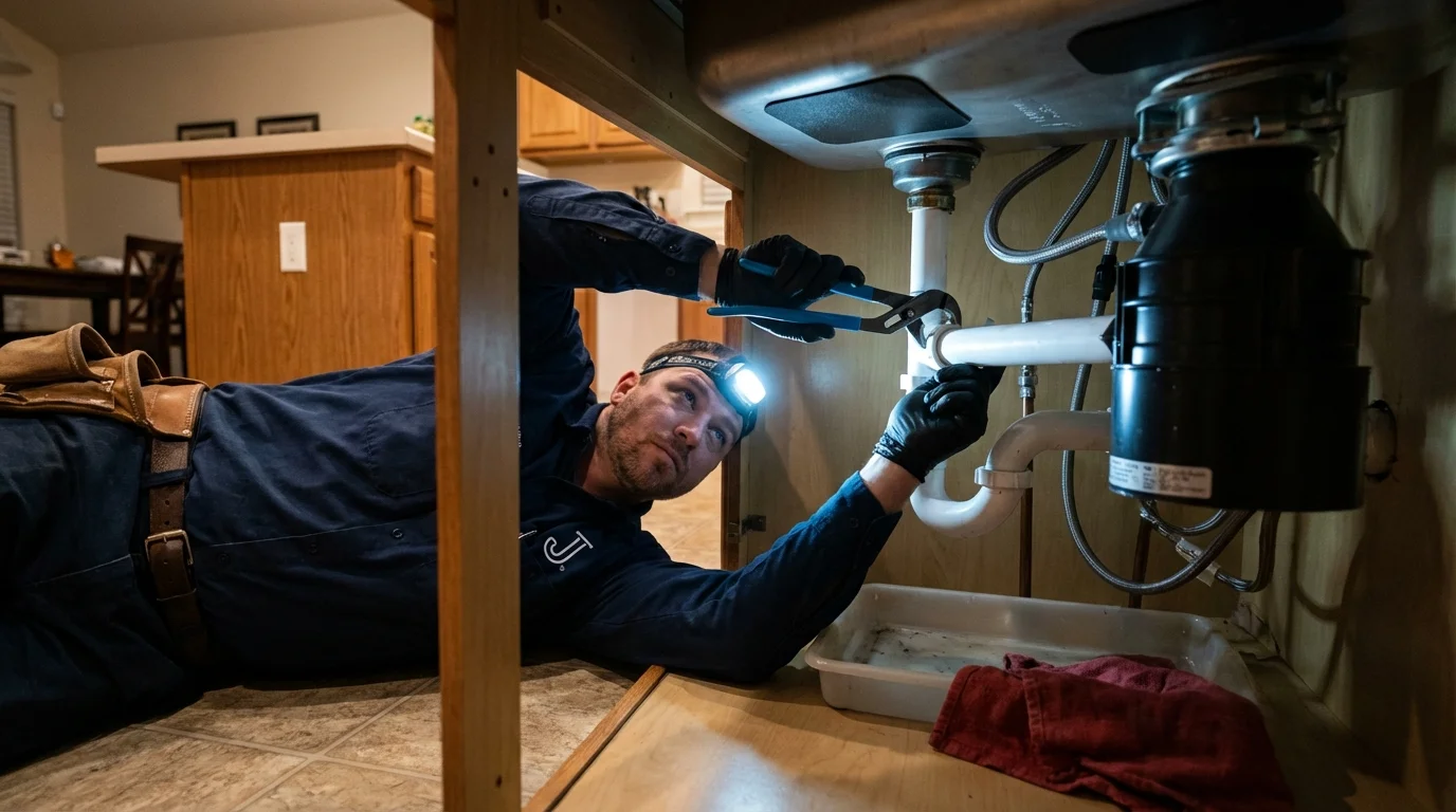 P-trap and supply line connections under a kitchen sink showing a common leak point in Gallup, NM